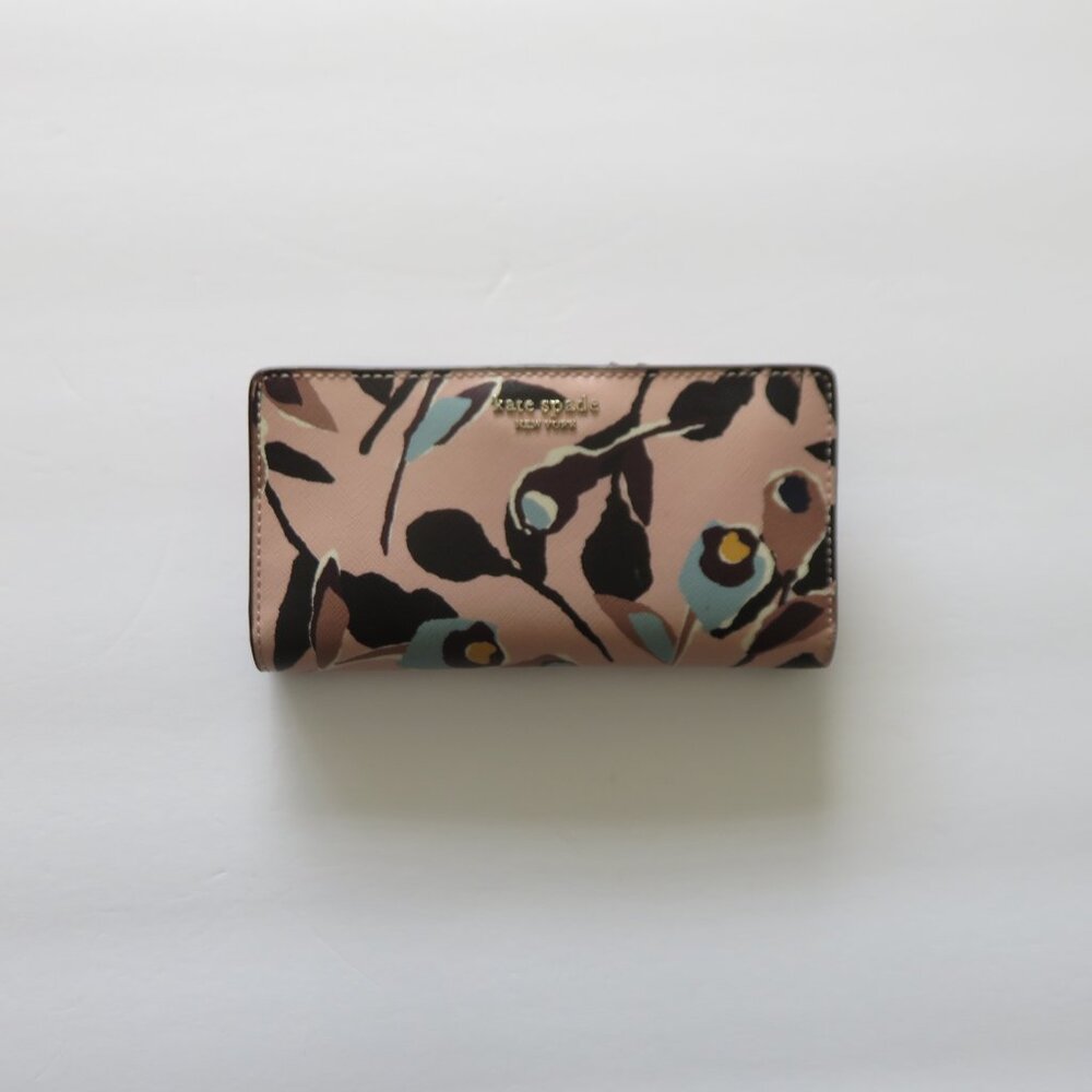 (#L) Kate Spade Pink Leather Floral Print Snap Wallet